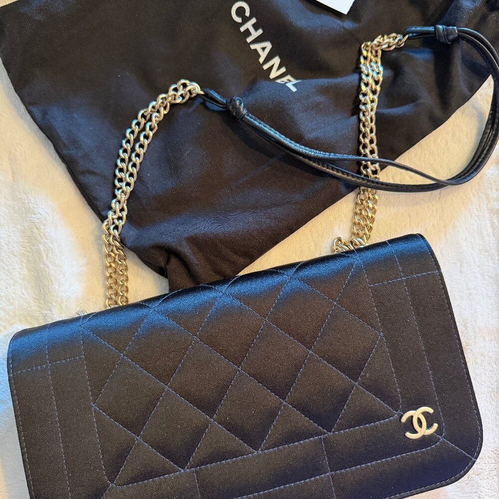 Authentic Rare Chanel Black Satin Quilted Bag